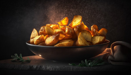 Potato wedges in a bowl on a dark background. Toned.の写真素材