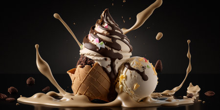 Chocolate ice cream with splashes on a black background. 3d renderingの写真素材