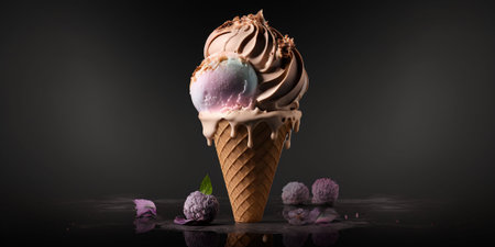 Ice cream in a waffle cone on a black background. 3d rendering