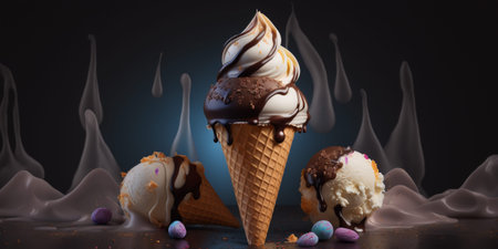 Ice cream in waffle cone with chocolate and caramel on dark backgroundの写真素材