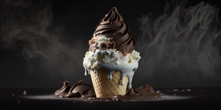 Chocolate ice cream in a waffle cone on black background.の写真素材
