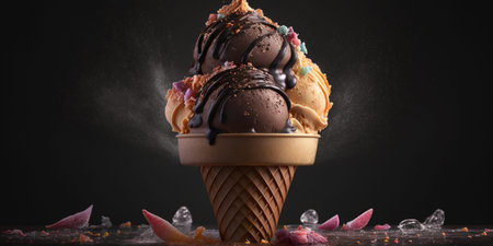 Chocolate ice cream in a waffle cone on a black background