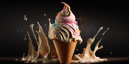 ice cream in a waffle cone on a black background with splashes