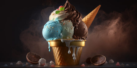 Ice cream scoops in waffle cones on dark background with copy space
