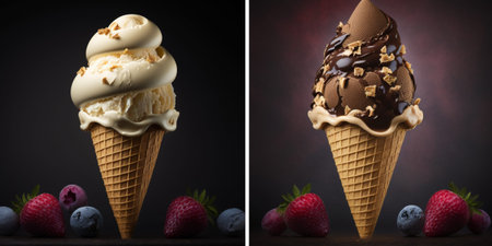 Chocolate ice cream in waffle cone with berries on dark background