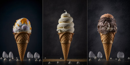 Ice cream in a waffle cone on a dark background, collageの写真素材