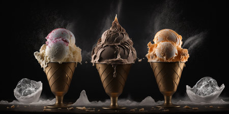 Ice cream scoops in waffle cone on black background. 3d renderingの写真素材