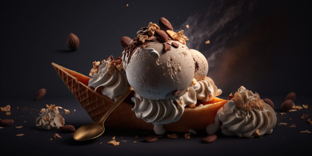 ice cream with caramel and nuts on a black background. 3d rendering