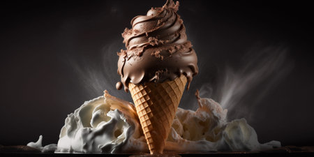 Chocolate ice cream in waffle cone with whipped cream on black background