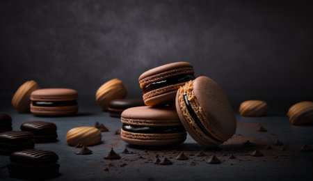Tasty macaroons with chocolate on dark background, closeupの写真素材