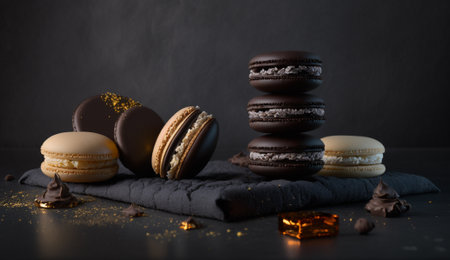 Different types of macaroons on a black background. Chocolate, white, brown, black.の写真素材