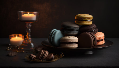 Colorful macaroons on a black plate with burning candles on a dark backgroundの写真素材