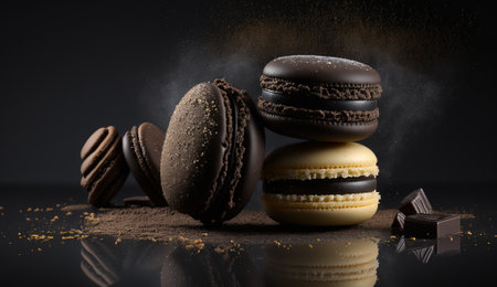 Chocolate macaroons with chocolate pieces on a black background.の写真素材