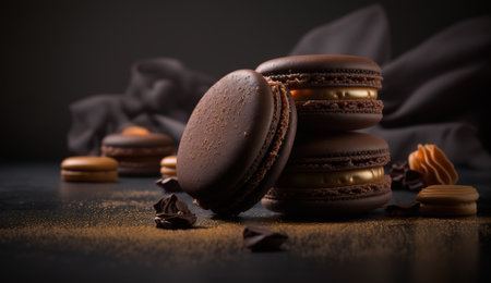 Chocolate macarons on a black background. Toned.の写真素材