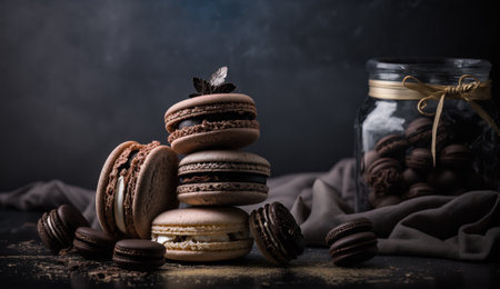 Chocolate macaroons on dark background. selective focus.の写真素材