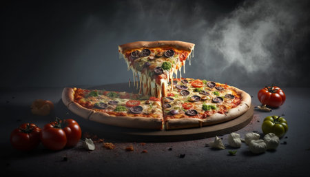 Pizza on a wooden board with ingredients on a black background.の写真素材