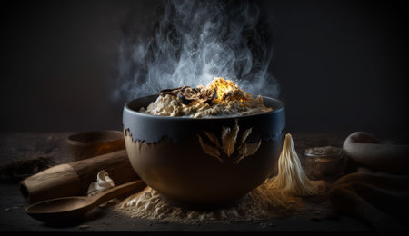 Porridge in a clay bowl on a black background with smoke.の写真素材