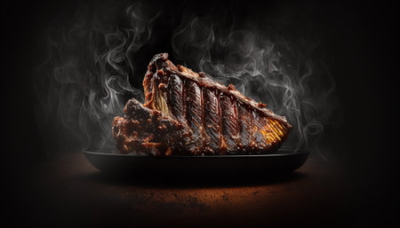 Grilled beef steak on a black plate with smoke on dark backgroundの写真素材