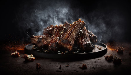 Grilled pork ribs on a black plate with smoke on a dark backgroundの写真素材