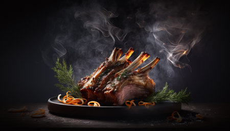 Rack of lamb with spices and herbs on a black background.の写真素材