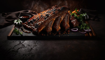 Grilled pork ribs with barbecue sauce and herbs on a black backgroundの写真素材
