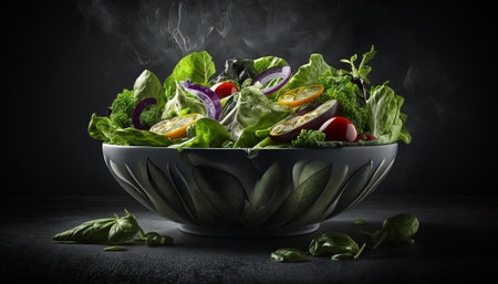 Fresh vegetable salad in bowl with smoke on dark background. mixed mediaの写真素材