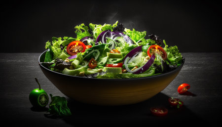 Fresh vegetable salad in bowl on black background. Healthy food concept.の写真素材