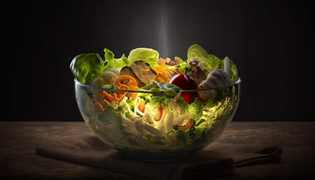 Fresh vegetable salad in glass bowl on wooden table with dark background.の写真素材