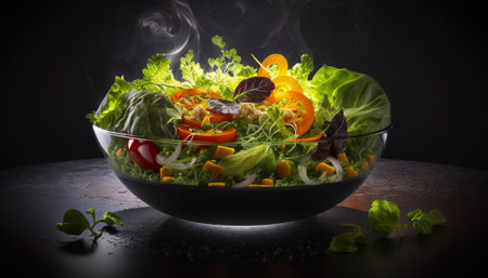 Fresh vegetable salad in a glass bowl with smoke on a black backgroundの写真素材