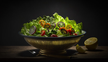 Fresh salad in bowl on wooden table and black background. Healthy food concept.の写真素材