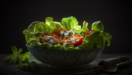 Fresh salad with tomatoes and basil in a bowl on a black backgroundの写真素材