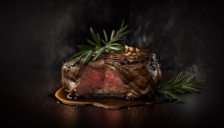 Grilled beef steak with rosemary and spices on a black backgroundの写真素材