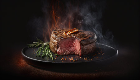 Grilled steak with rosemary and spices on black plate on dark background