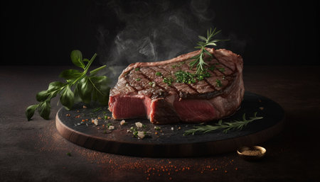 Raw T-bone steak with herbs and spices on a dark backgroundの写真素材
