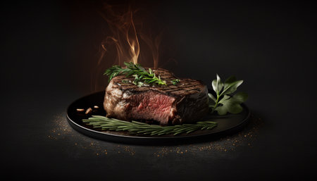 Grilled beef steak with rosemary and spices on a black backgroundの写真素材