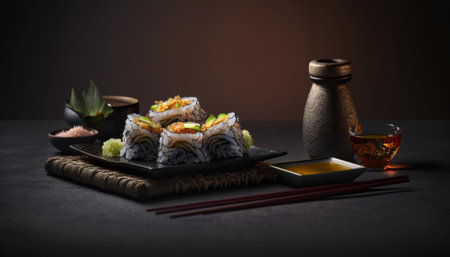 Sushi roll with salmon, avocado and cucumber on a black backgroundの写真素材