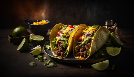 Mexican tacos with beef, vegetables and cheese on wooden table.の写真素材