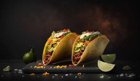 Mexican tacos with meat and vegetables on a black background. copyspace.の写真素材