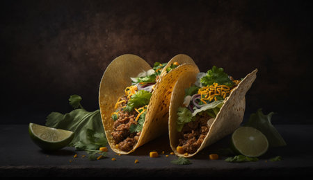 Mexican tacos with meat and vegetables on dark background with copy spaceの写真素材