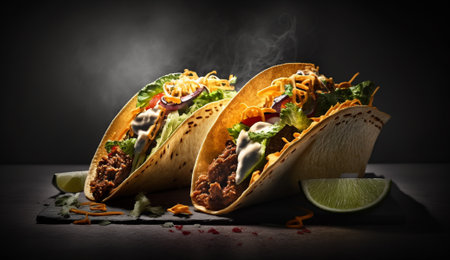 Tacos with meat and vegetables on a black background. mexican foodの写真素材