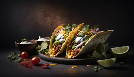 Mexican tacos with beef, vegetables and cheese on a black backgroundの写真素材