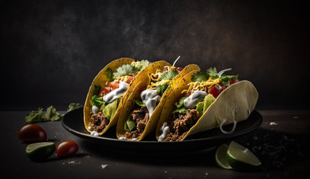 Traditional mexican tacos with beef and vegetables on a black backgroundの写真素材