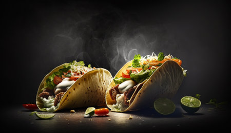 Mexican tacos with meat, vegetables and sauce on black background.の写真素材