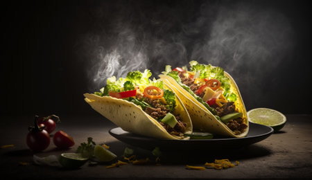 Tacos with meat and vegetables on black background. mexican foodの写真素材