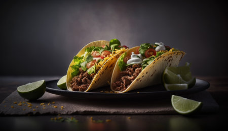 Traditional mexican tacos with meat and vegetables on black background.の写真素材