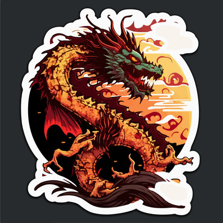 Dragon on a background of the sun and clouds. vector illustration.のイラスト素材