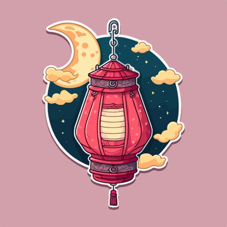 Illustration of Ramadan Kareem Lantern with Crescent Moon and Clouds.のイラスト素材