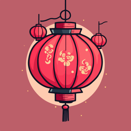 Chinese New Year vector illustration. Hand drawn red paper lantern with Chinese hieroglyphs.のイラスト素材