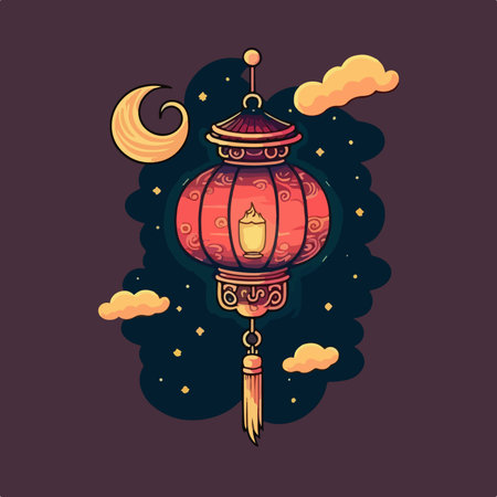 Vector illustration of Chinese lantern with moon and clouds on dark background.のイラスト素材