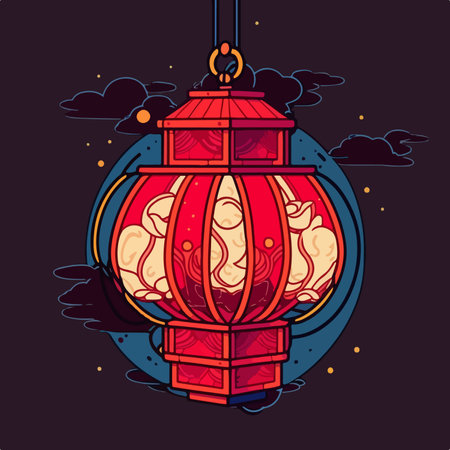 Vector illustration of Chinese lanterns on dark background. line art style.のイラスト素材